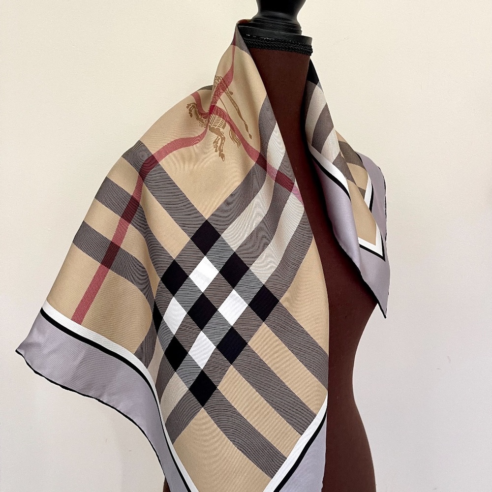 New Burberry Scarf Beige Check Gray Border Silk Wrap - Picture 4 of 15